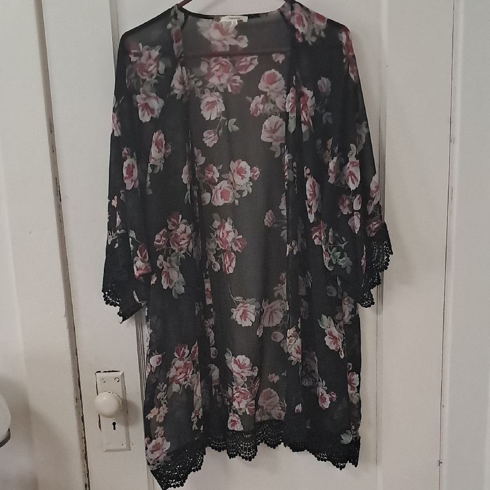 Maurices Black Kimono with Pink Floral Design